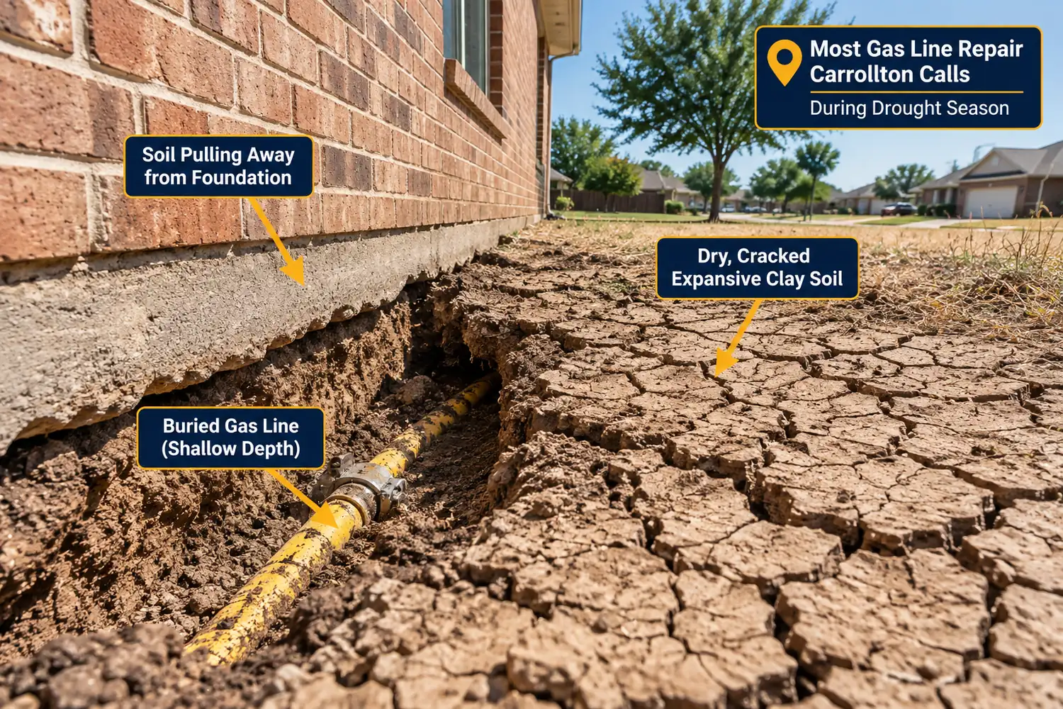 Cracked expansive clay soil pulling away from a Carrollton foundation above a buried gas line