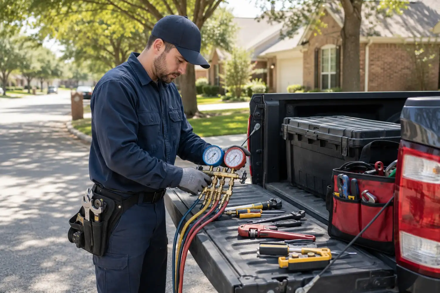 Gas line repair Carrollton TX owner checking a manifold gauge set on the tailgate of his work truck