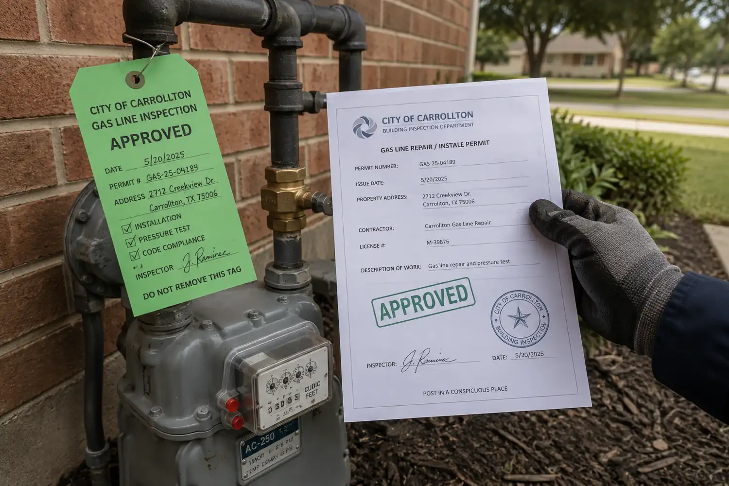 Green tag inspection record and permit paperwork for a completed Carrollton gas line repair